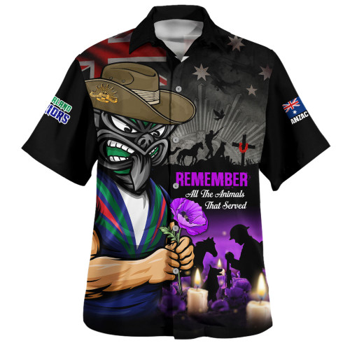 New Zealand Warriors Hawaiian Shirt Anzac Day Purple Poppy And Animals That Served