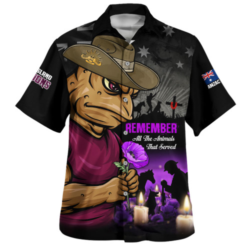 Queensland Maroons Hawaiian Shirt Anzac Day Purple Poppy And Animals That Served