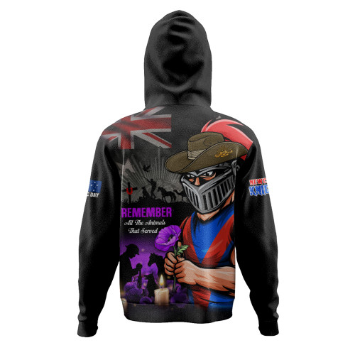 Newcastle Knights Hoodie Anzac Day Purple Poppy And Animals That Served