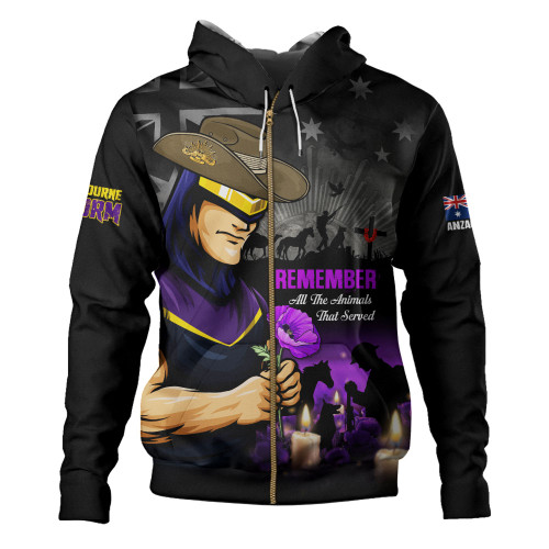 Melbourne Storm Hoodie Anzac Day Purple Poppy And Animals That Served