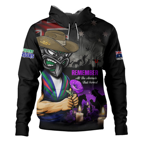 New Zealand Warriors Hoodie Anzac Day Purple Poppy And Animals That Served