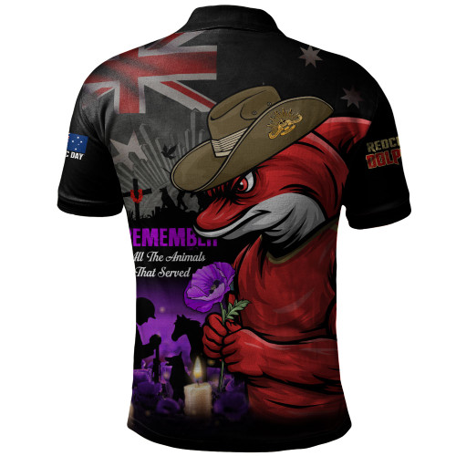 Redcliffe Dolphins Polo Shirt Anzac Day Purple Poppy And Animals That Served