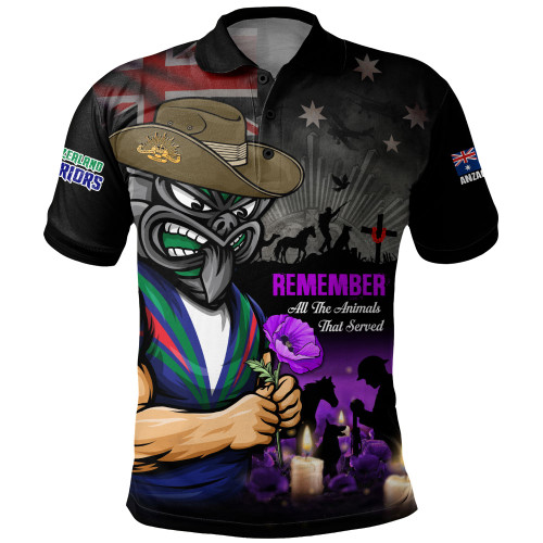 New Zealand Warriors Polo Shirt Anzac Day Purple Poppy And Animals That Served