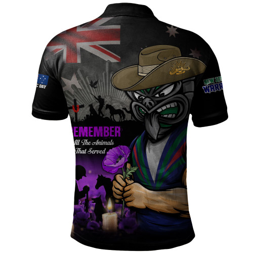 New Zealand Warriors Polo Shirt Anzac Day Purple Poppy And Animals That Served