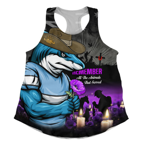 Cronulla-Sutherland Sharks Women Racerback Singlet Anzac Day Purple Poppy And Animals That Served