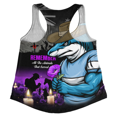 Cronulla-Sutherland Sharks Women Racerback Singlet Anzac Day Purple Poppy And Animals That Served