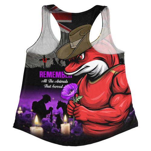 Redcliffe Dolphins Women Racerback Singlet Anzac Day Purple Poppy And Animals That Served