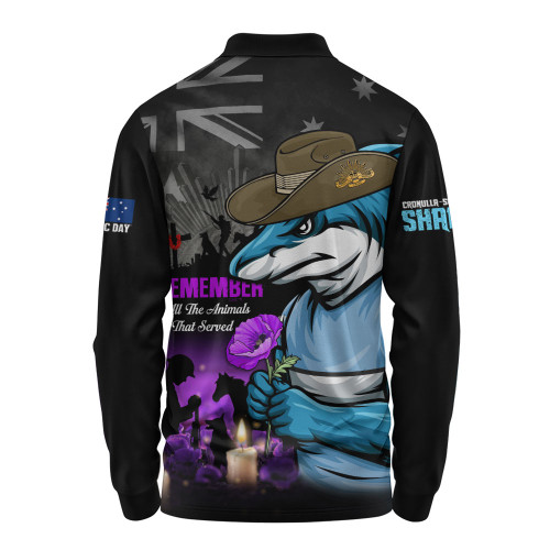 Cronulla-Sutherland Sharks Long Sleeve Polo Shirt Anzac Day Purple Poppy And Animals That Served
