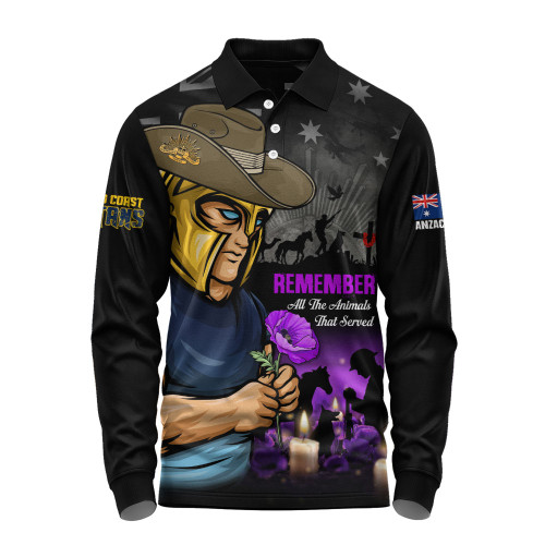 Gold Coast Titans Long Sleeve Polo Shirt Anzac Day Purple Poppy And Animals That Served