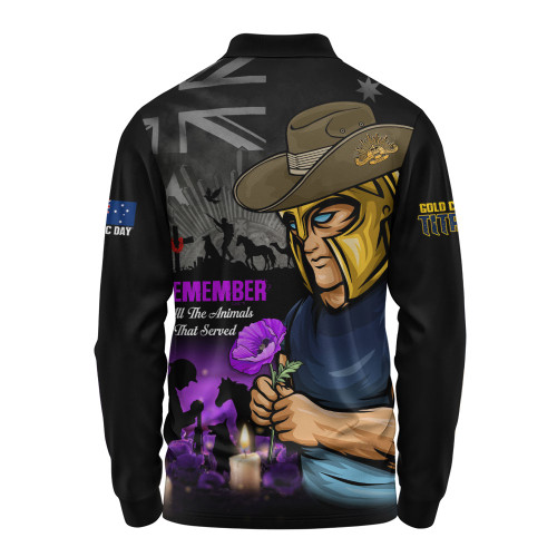 Gold Coast Titans Long Sleeve Polo Shirt Anzac Day Purple Poppy And Animals That Served