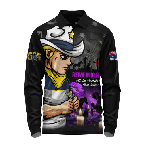 North Queensland Cowboys Long Sleeve Polo Shirt Anzac Day Purple Poppy And Animals That Served