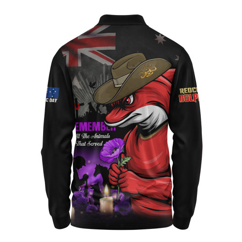 Redcliffe Dolphins Long Sleeve Polo Shirt Anzac Day Purple Poppy And Animals That Served