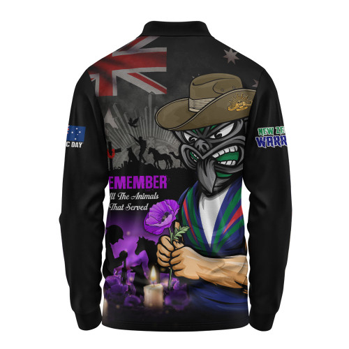 New Zealand Warriors Long Sleeve Polo Shirt Anzac Day Purple Poppy And Animals That Served