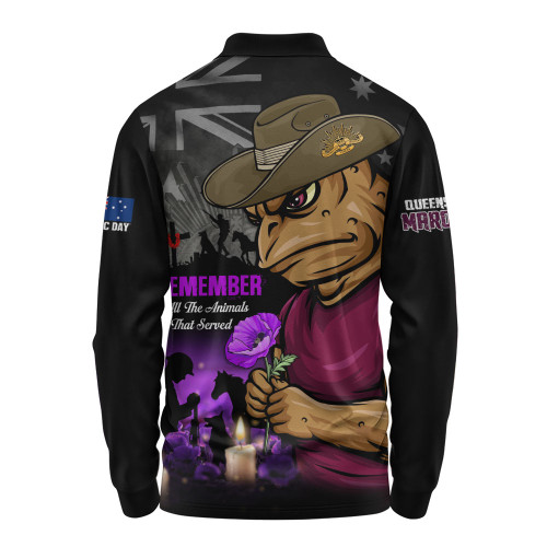 Queensland Maroons Long Sleeve Polo Shirt Anzac Day Purple Poppy And Animals That Served