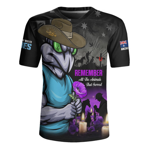 New South Wales Blues Rugby Jersey Anzac Day Purple Poppy And Animals That Served