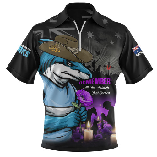 Cronulla-Sutherland Sharks Zip Polo Shirt Anzac Day Purple Poppy And Animals That Served