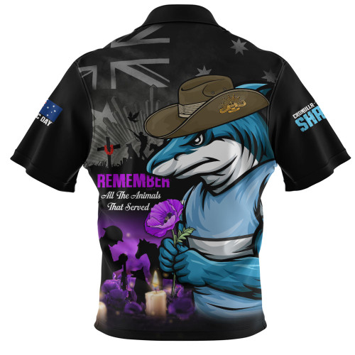 Cronulla-Sutherland Sharks Zip Polo Shirt Anzac Day Purple Poppy And Animals That Served