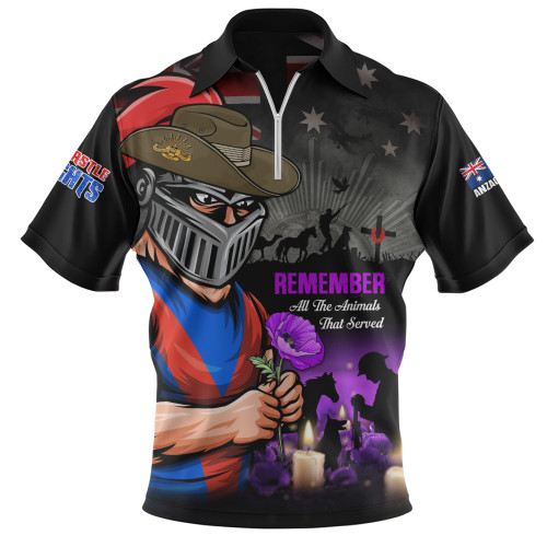 Newcastle Knights Zip Polo Shirt Anzac Day Purple Poppy And Animals That Served