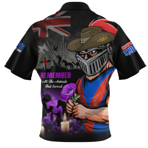Newcastle Knights Zip Polo Shirt Anzac Day Purple Poppy And Animals That Served