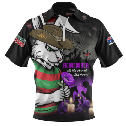 South Sydney Rabbitohs Zip Polo Shirt Anzac Day Purple Poppy And Animals That Served