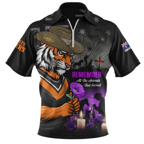 Wests Tigers Zip Polo Shirt Anzac Day Purple Poppy And Animals That Served