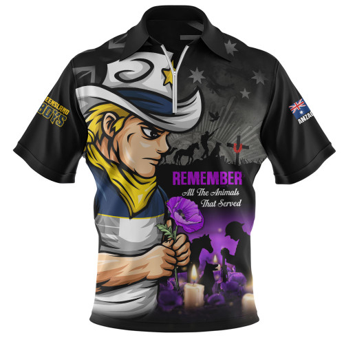 North Queensland Cowboys Zip Polo Shirt Anzac Day Purple Poppy And Animals That Served
