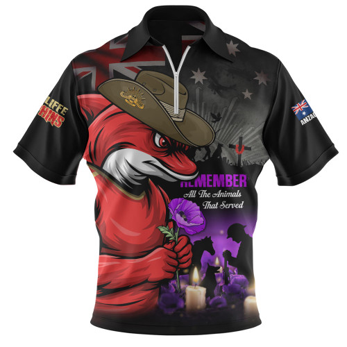 Redcliffe Dolphins Zip Polo Shirt Anzac Day Purple Poppy And Animals That Served