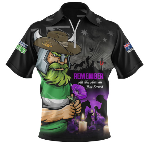 Canberra Raiders Zip Polo Shirt Anzac Day Purple Poppy And Animals That Served