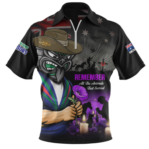 New Zealand Warriors Zip Polo Shirt Anzac Day Purple Poppy And Animals That Served