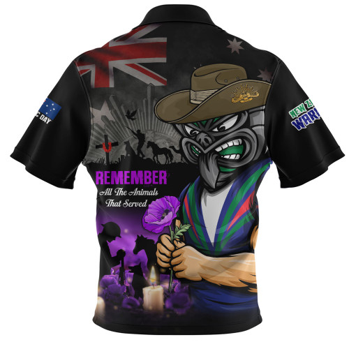 New Zealand Warriors Zip Polo Shirt Anzac Day Purple Poppy And Animals That Served