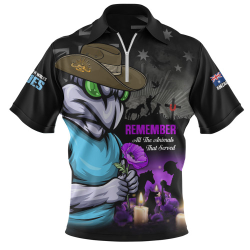New South Wales Blues Zip Polo Shirt Anzac Day Purple Poppy And Animals That Served