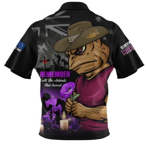 Queensland Maroons Zip Polo Shirt Anzac Day Purple Poppy And Animals That Served