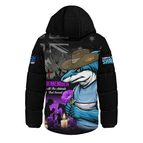 Cronulla-Sutherland Sharks Hooded Padded Jacket Anzac Day Purple Poppy And Animals That Served