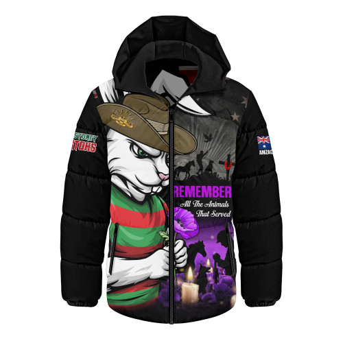 South Sydney Rabbitohs Hooded Padded Jacket Anzac Day Purple Poppy And Animals That Served