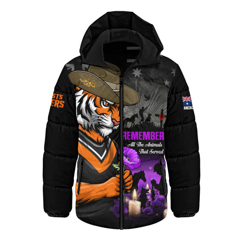 Wests Tigers Hooded Padded Jacket Anzac Day Purple Poppy And Animals That Served