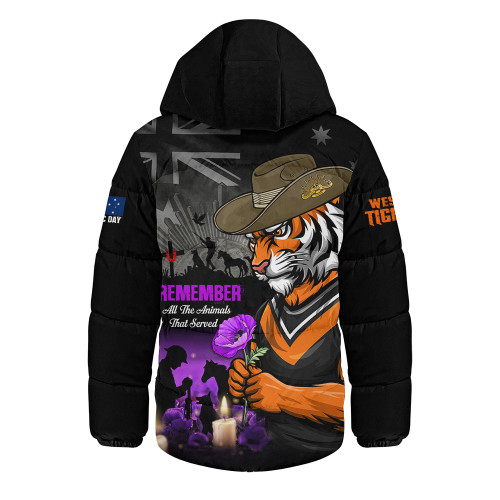 Wests Tigers Hooded Padded Jacket Anzac Day Purple Poppy And Animals That Served