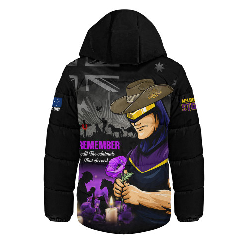 Melbourne Storm Hooded Padded Jacket Anzac Day Purple Poppy And Animals That Served