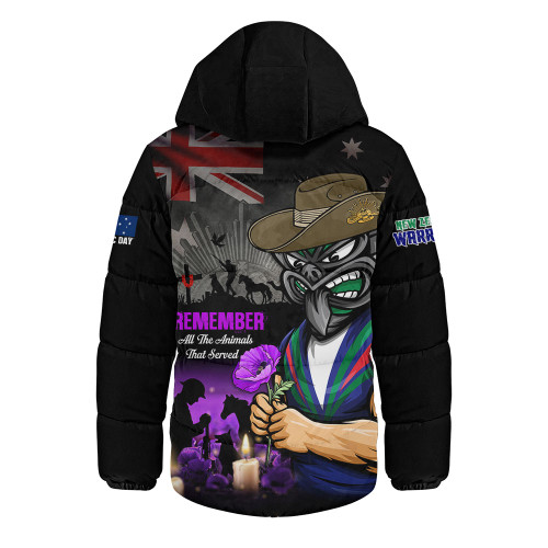 New Zealand Warriors Hooded Padded Jacket Anzac Day Purple Poppy And Animals That Served