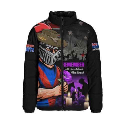 Newcastle Knights Padded Jacket Anzac Day Purple Poppy And Animals That Served