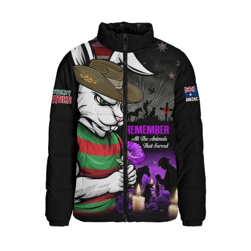 South Sydney Rabbitohs Padded Jacket Anzac Day Purple Poppy And Animals That Served
