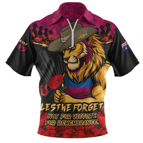 Brisbane Lions Zip Polo Shirt ANZAC Day Not For Victory For Remembrance