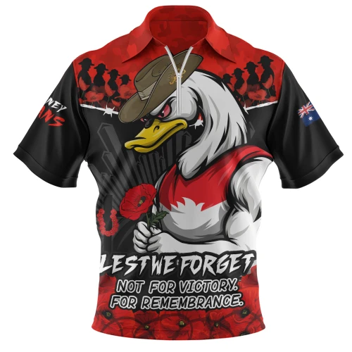 Sydney Swans Zip Polo Shirt ANZAC Day Not For Victory For Remembrance