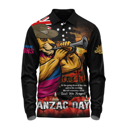 Brisbane Lions Long Sleeve Polo Shirt Anzac Day Dawn Of Courage Eternal Tribute