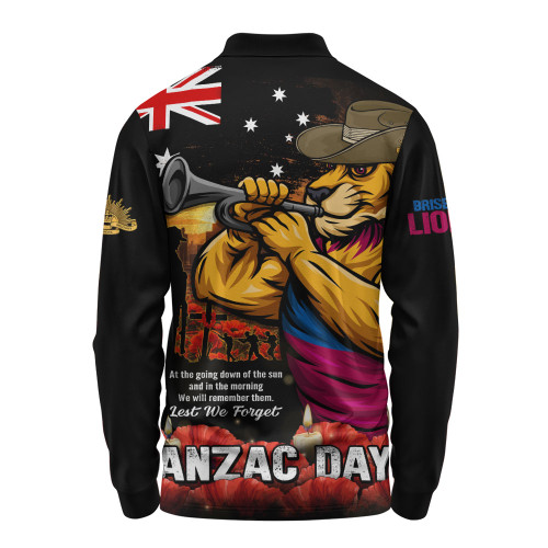 Brisbane Lions Long Sleeve Polo Shirt Anzac Day Dawn Of Courage Eternal Tribute