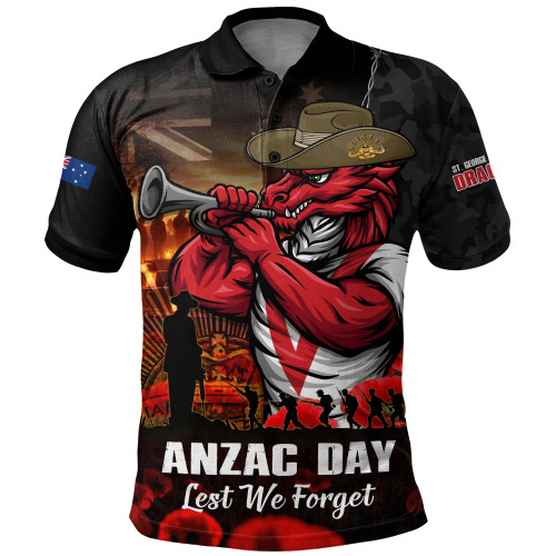 St. George Illawarra Dragons Polo Shirt Anzac Day Rising Dawn Ceremony Lest We Forget Courage