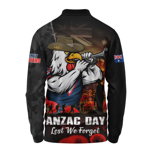 Sydney Roosters Long Sleeve Polo Shirt Anzac Day Rising Dawn Ceremony Lest We Forget Courage