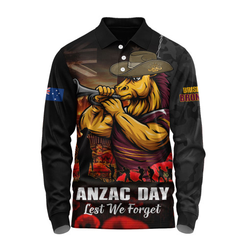 Brisbane Broncos Long Sleeve Polo Shirt Anzac Day Rising Dawn Ceremony Lest We Forget Courage