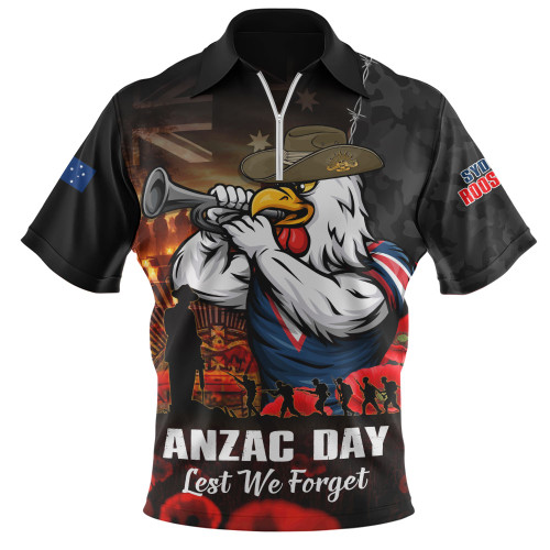 Sydney Roosters Zip Polo Shirt Anzac Day Rising Dawn Ceremony Lest We Forget Courage