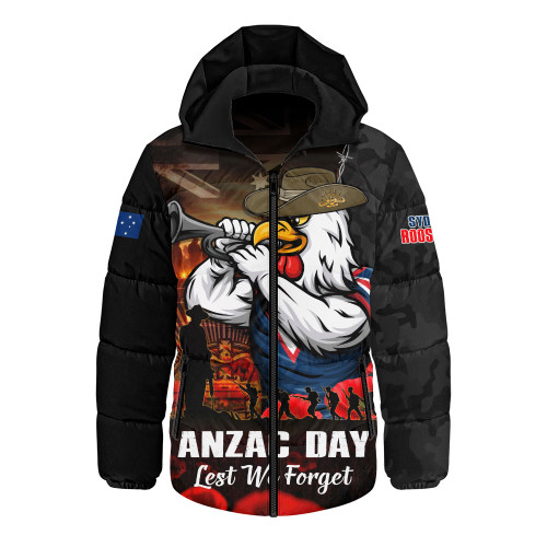 Sydney Roosters Hooded Padded Jacket Anzac Day Rising Dawn Ceremony Lest We Forget Courage