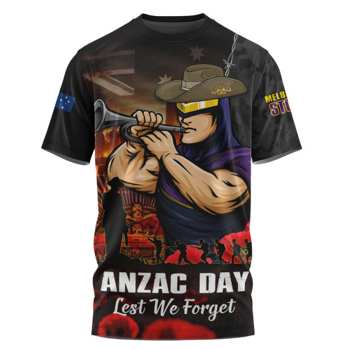 Melbourne Storm T-Shirt Anzac Day Rising Dawn Ceremony Lest We Forget Courage